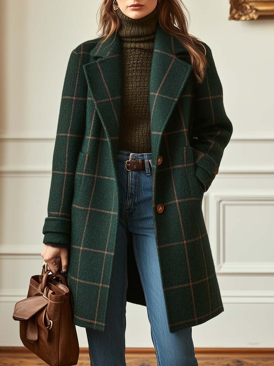 Jennifer | Women's Retro Lapel Plaid Tweed Coat